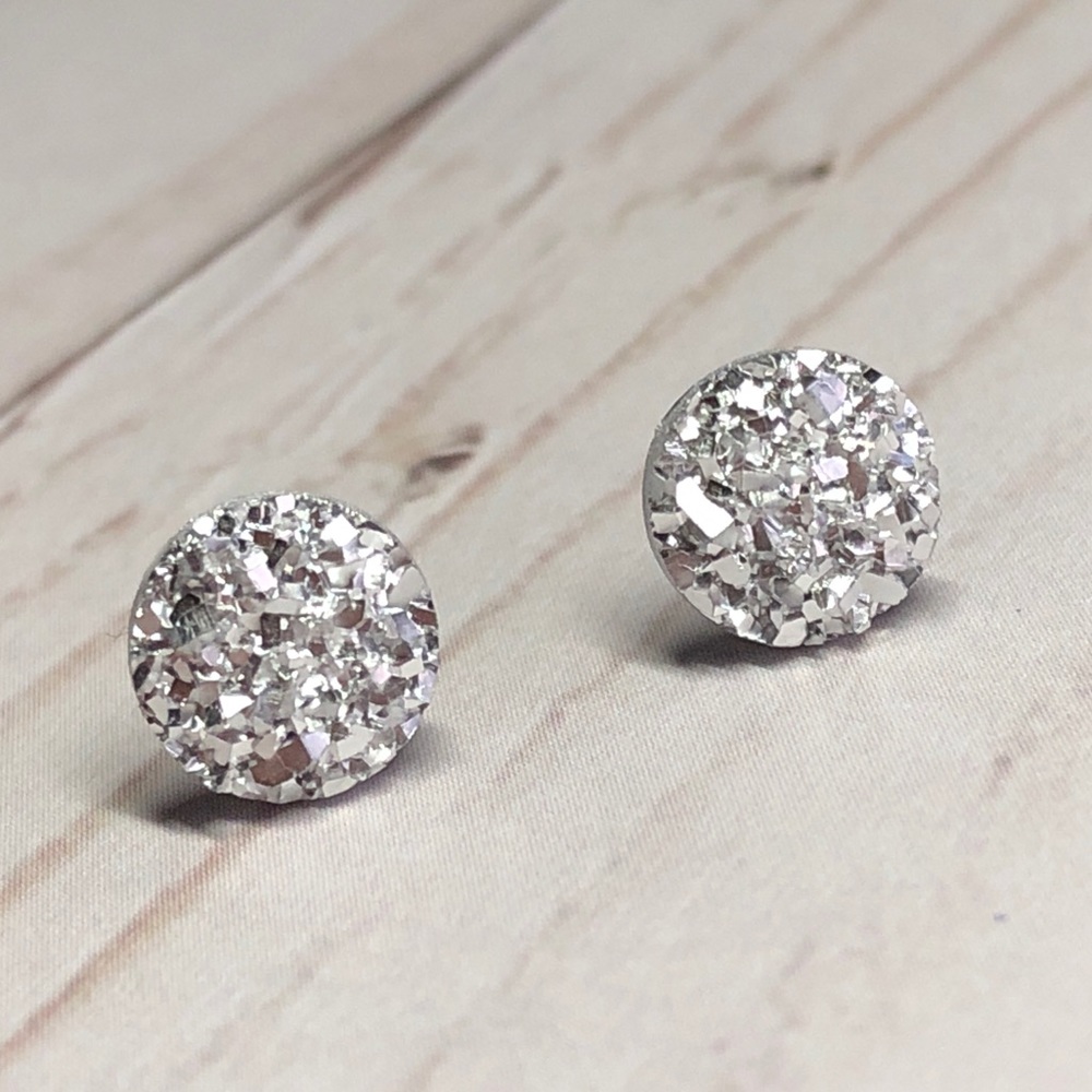 Silver Faux Druzy 8mm Post Back Stud Earrings! - Picture 9 of 16